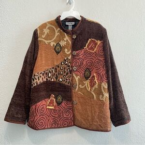 Indigo Moon Embroidered Artsy Blazer Jacket 1X Fall Leaves Brown Patchwork boho